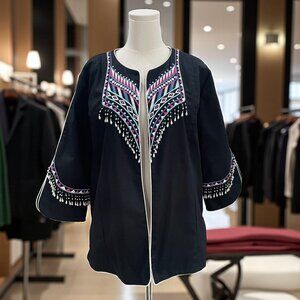 Bob Mackie Wearable Art Embroidered Beaded Jacket Black XL Boho Festival Chic